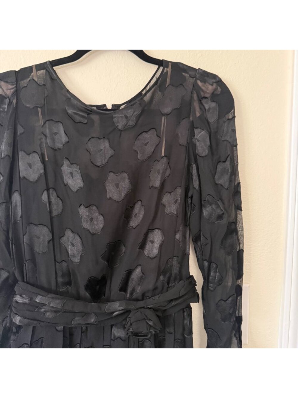 Vintage Helga I.Magnin & Co Sheer Black Floral Belted Waist Dress Sz 12